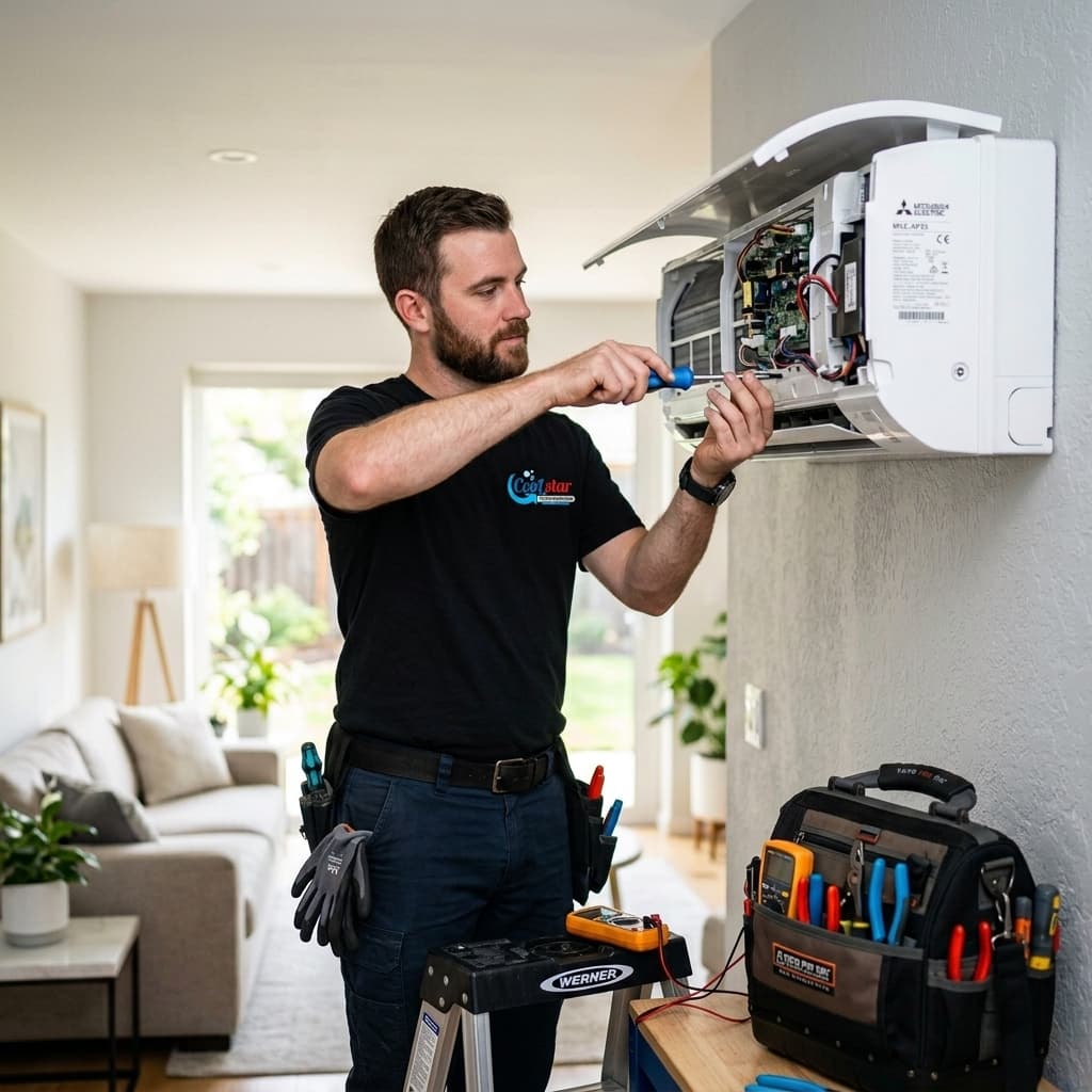 Professional Technician repairing an AC